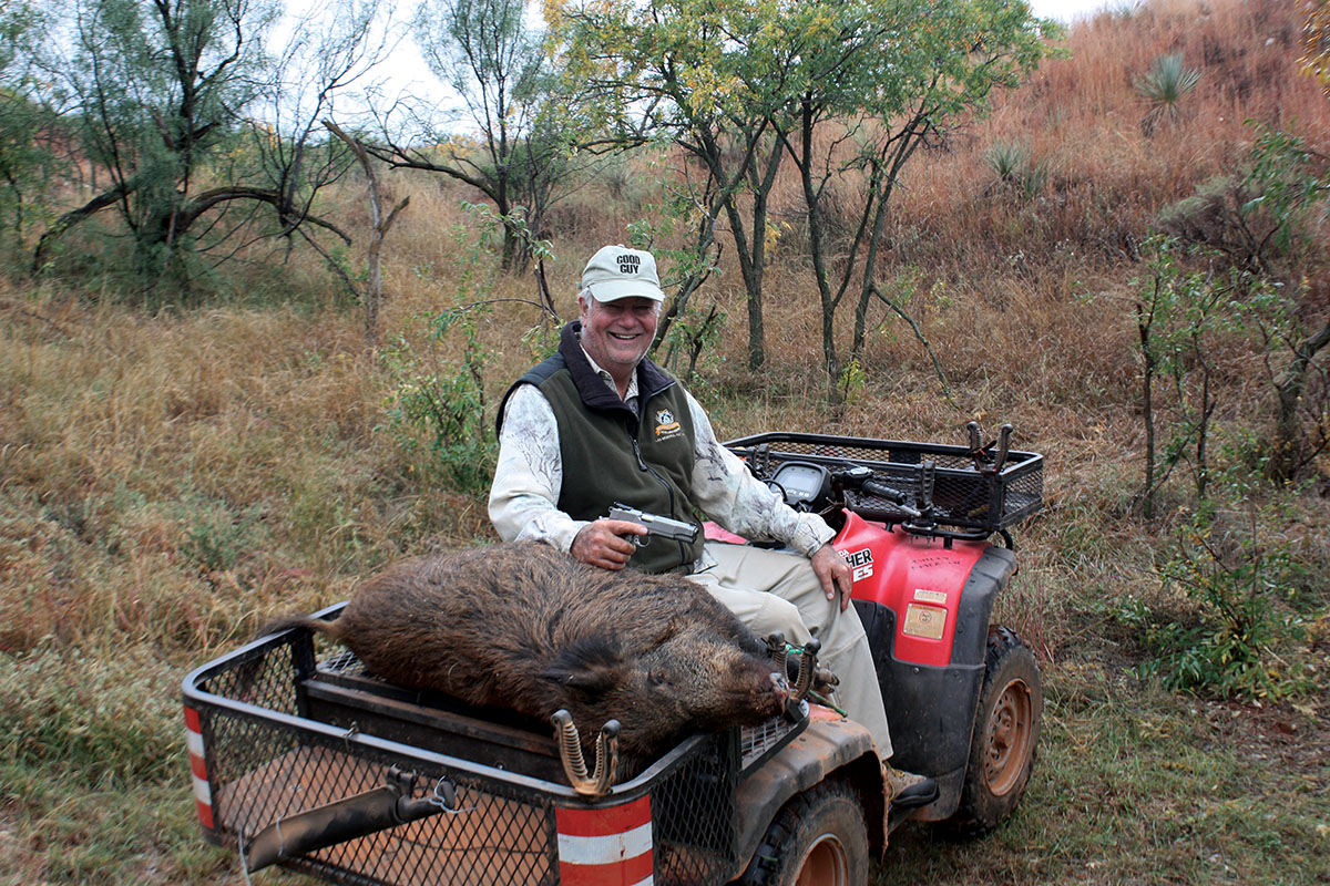 While Dick now prefers to ride rather than walk, he can still produce using the old 1911 in 45 ACP stuffed with heavy-cast bullets.